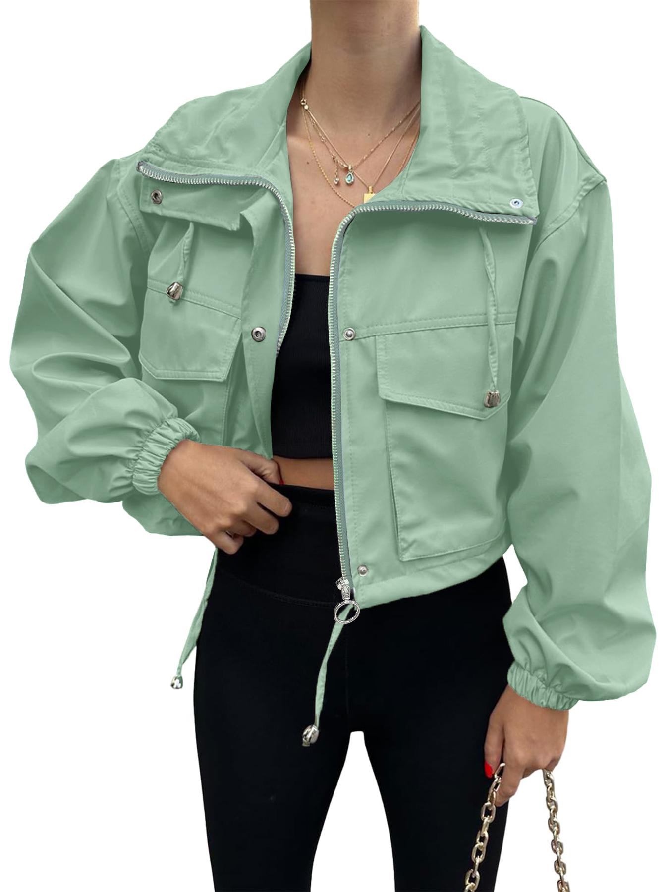 ASWULK Women's Cropped Jacket Zip Up Lightweight Oversized Utility Coat with Pockets for Spring and Fall Wear Adjustable Drawstring Snap Button Zipper