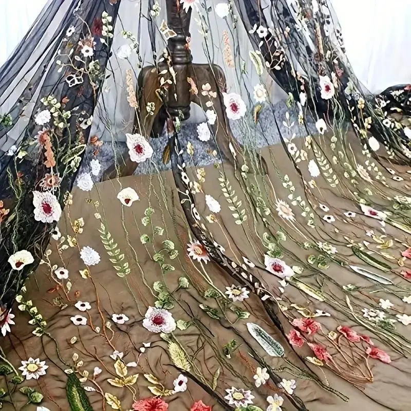 Black Floral Embroidered Tulle Fabric, Sheer Mesh for Wedding Dresses, DIY Crafts & Curtains