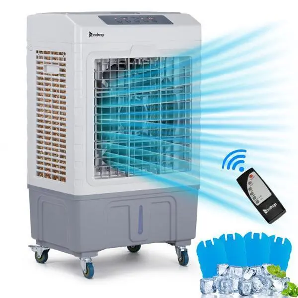 【Summervibes】ZOKOP 5.28/7.93 Gal/10.57 Gallon Air Cooler, 3-in-1 Portable Evaporative With Dust Filter, Indoor/Outdoor Use, With Remote Control And LCD Display, 10.57/13.2 Gallon Large Water Tank And Roller, 4 Ice Packs, Off-White