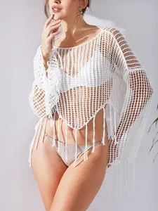 LikeMyChoice White Open Knit Crochet Fringe Hem Beach Cover-Up Top for Women's Summer Fashion casual chic tie