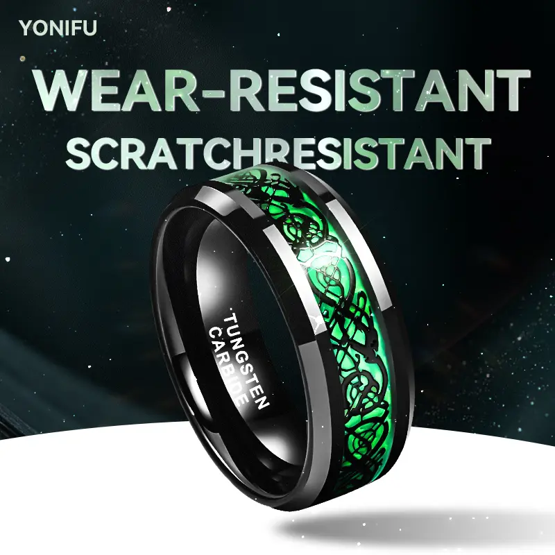 Yonifu 8mm Black Tungsten Wedding Rings with Celtic Dragon & Red-Green-Purple Carbon Fiber Inlay, Unisex Band with Comfortable Snug Fit, Scratch Resistant, Round Band