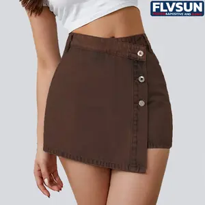 Flvsun Women's High-Waisted Wrap Button-Up A-Line Denim Skort, Casual Solid Dark Blue Asymmetrical Fitted Mini Bottom, Summer Womenswear Pantskirt, A-Line Skirt