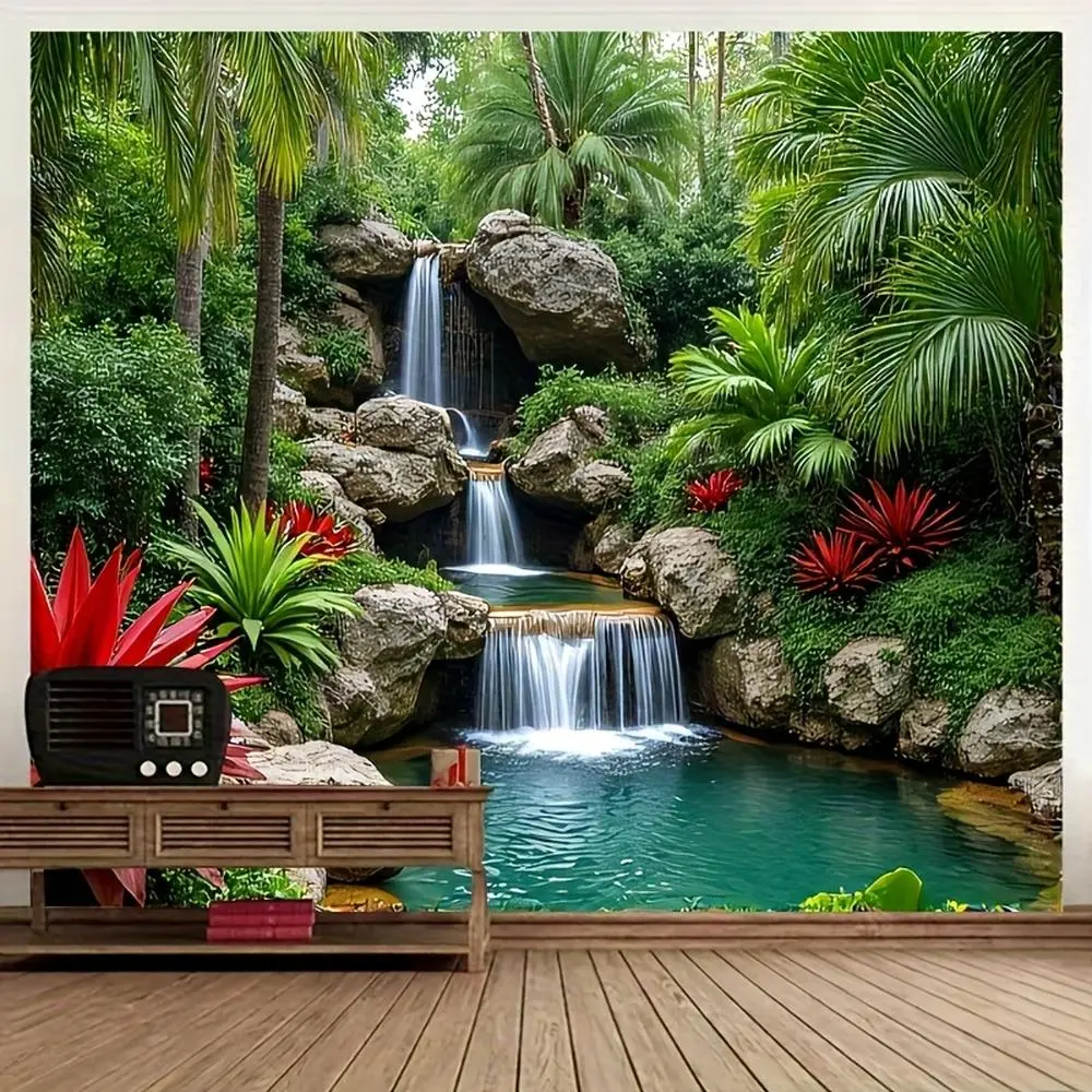 Flat Tropical Rainforest Waterfall Tapestry, Natural Scenery Wall Hanging, Decorative Cloth for Bedroom & Living Room, Outdoor Picnic Mat, Digitally Printed Tapestry, Ideal for Homestay Deco