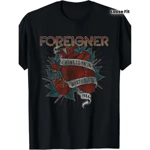 X Foreigner Retro 1984 Vintage Band Graphic T-Shirt - 180g Heavyweight 100% Cotton Unisex Tee with Heart-Shaped Rose & 'What Lo E Is' Design, Loose Fit Casual Shirt for Men & Women, Machine Washable 80s Rock Style Retro Music Apparel