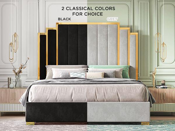 VanAcc Bed Frame and 65" Headboard, Upholstered Bed with Golden Plating Trim, Modern Platform Bed No Box Spring Needed/Christmas Gift