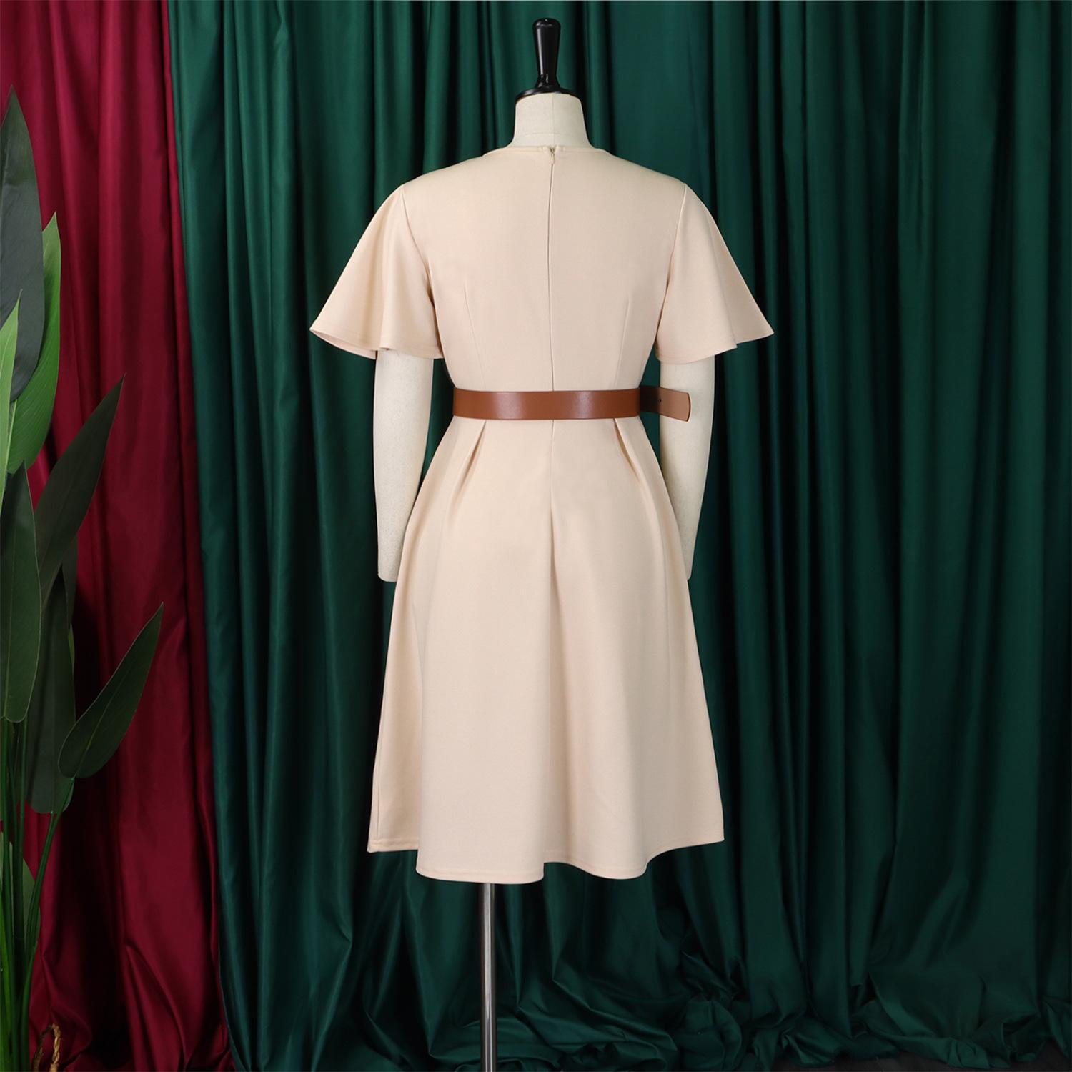 3333 Emerald Green Wrap V-Neck Midi Dress for Women - Short Flare Sleeve, A-Line Silhouette with Brown Belt| Elegant Versatile Dress for Work, Brunch, Date & Formal Occasions