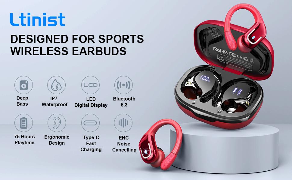 RythmWave BX-27 Wireless Bluetooth Earbuds 75Hrs Bluetooth 5.3 Ear Buds for Sports, Hi-fi Stereo Earphones with LED Display Charging Case, Headphones for Running/Workout Audifonos Bluetooth inalambricos
