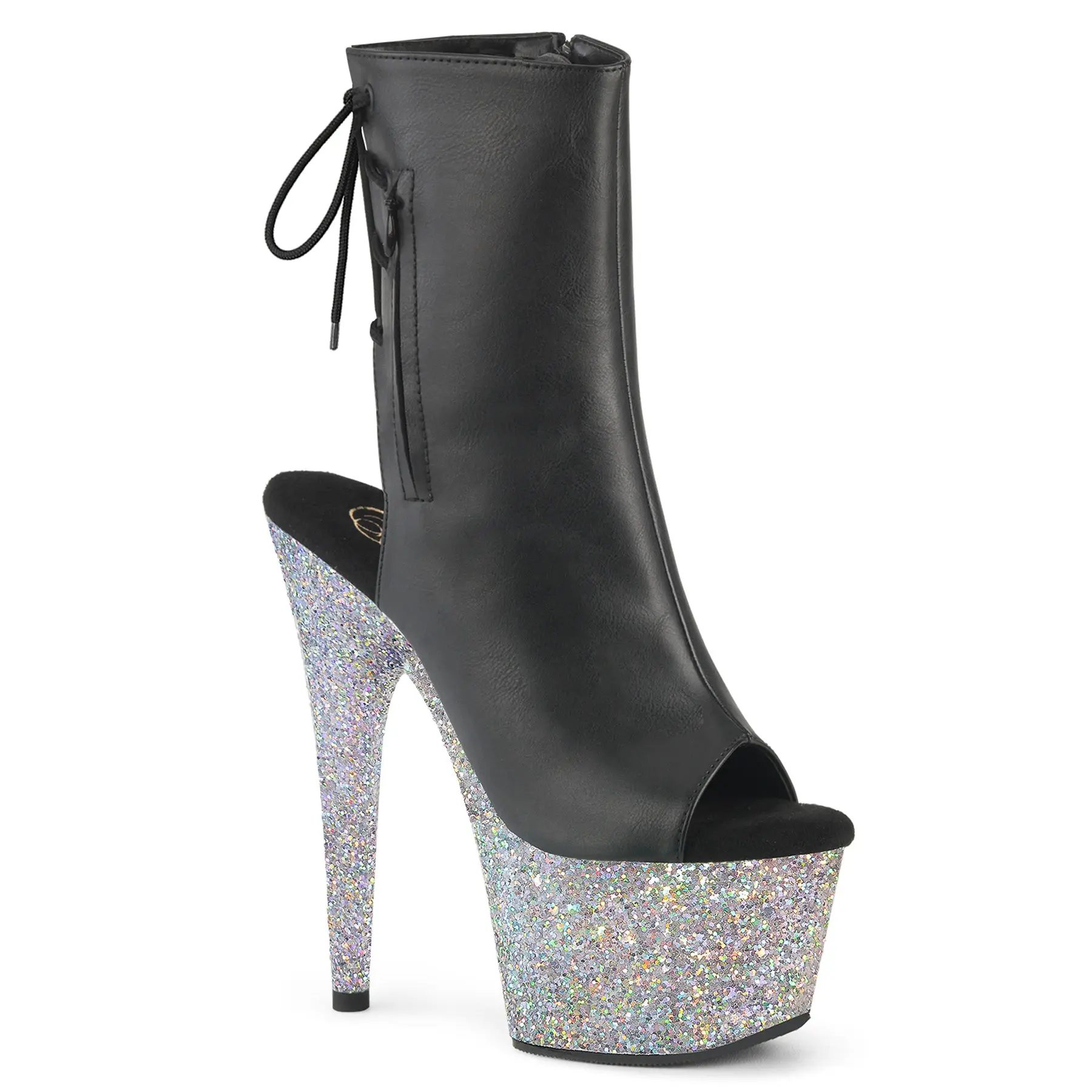 Pleaser Women's Adore-1018LG Elegant High Heel Ankle Boots, Statement Open Toe Shoes in Black & Silver Vegan Leather with 7" Heel & Hidden Pocket, High Heels