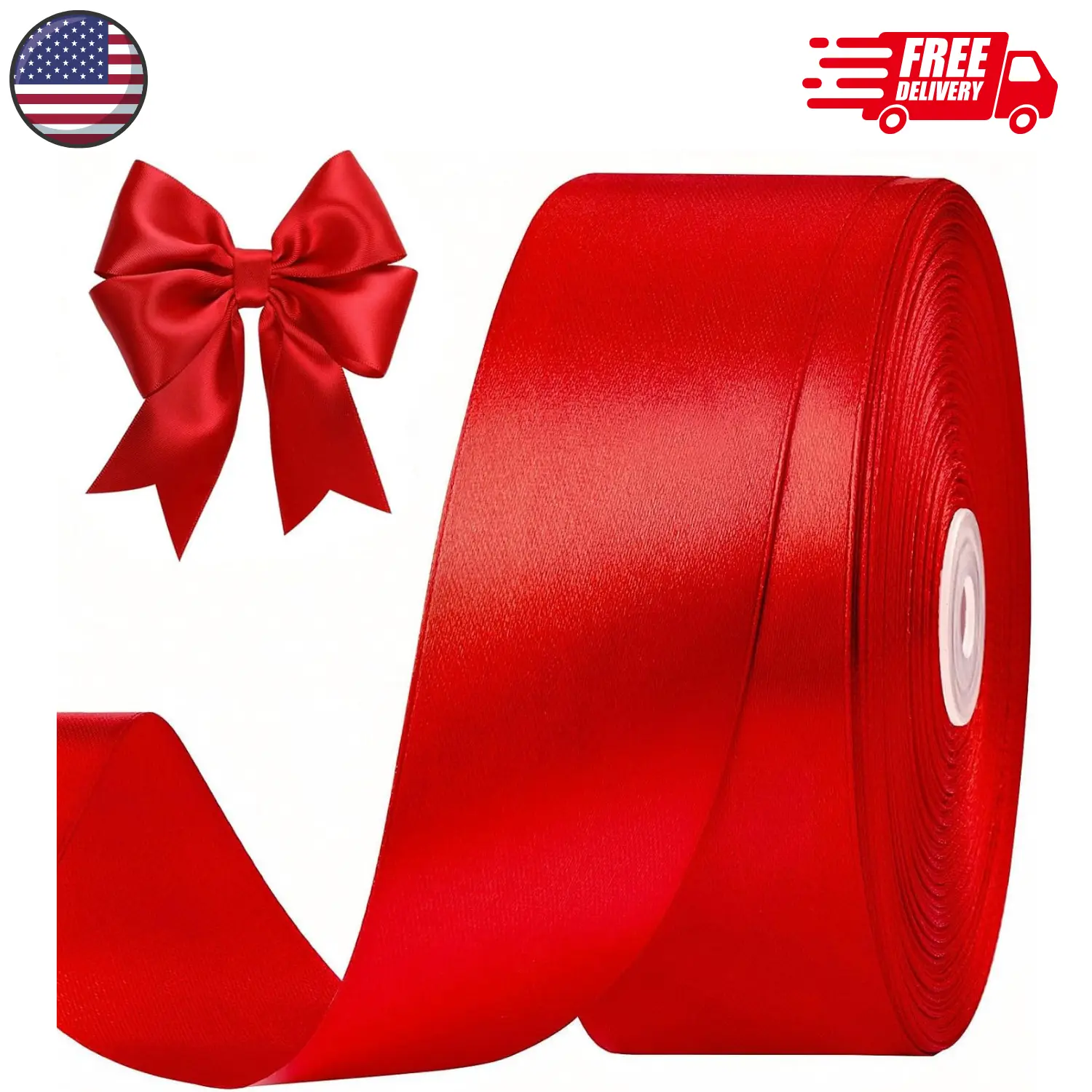 1-1/2 Inches 50 Yards Red Satin Ribbon, Solid Fabric Ribbon Roll
