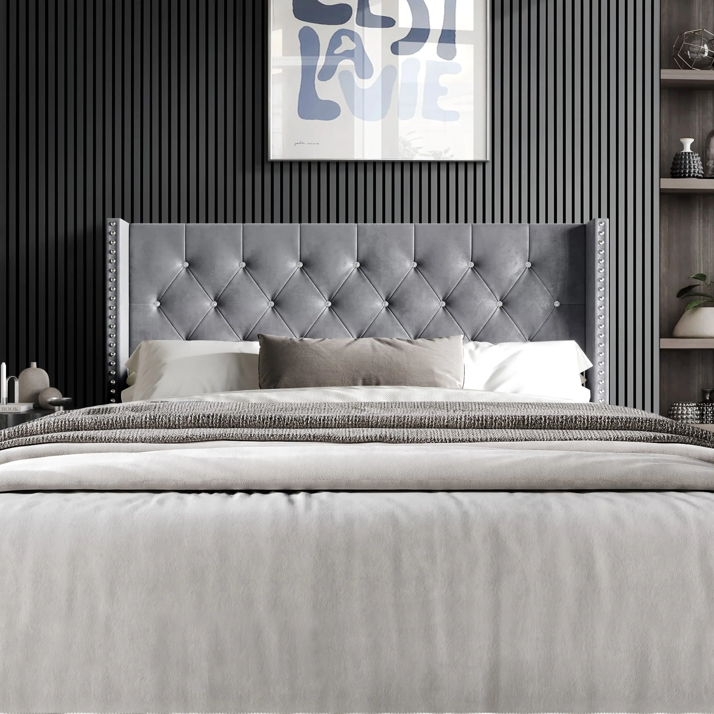 Favorer Gretna Velvet Tufted Upholstered Headboard - Classic Bedroom Furniture Design, Nailhead Focal Point Trim, Multi-Size Full/Queen/King, Classic Meets Now Focal Wall Accent, Assembly Required