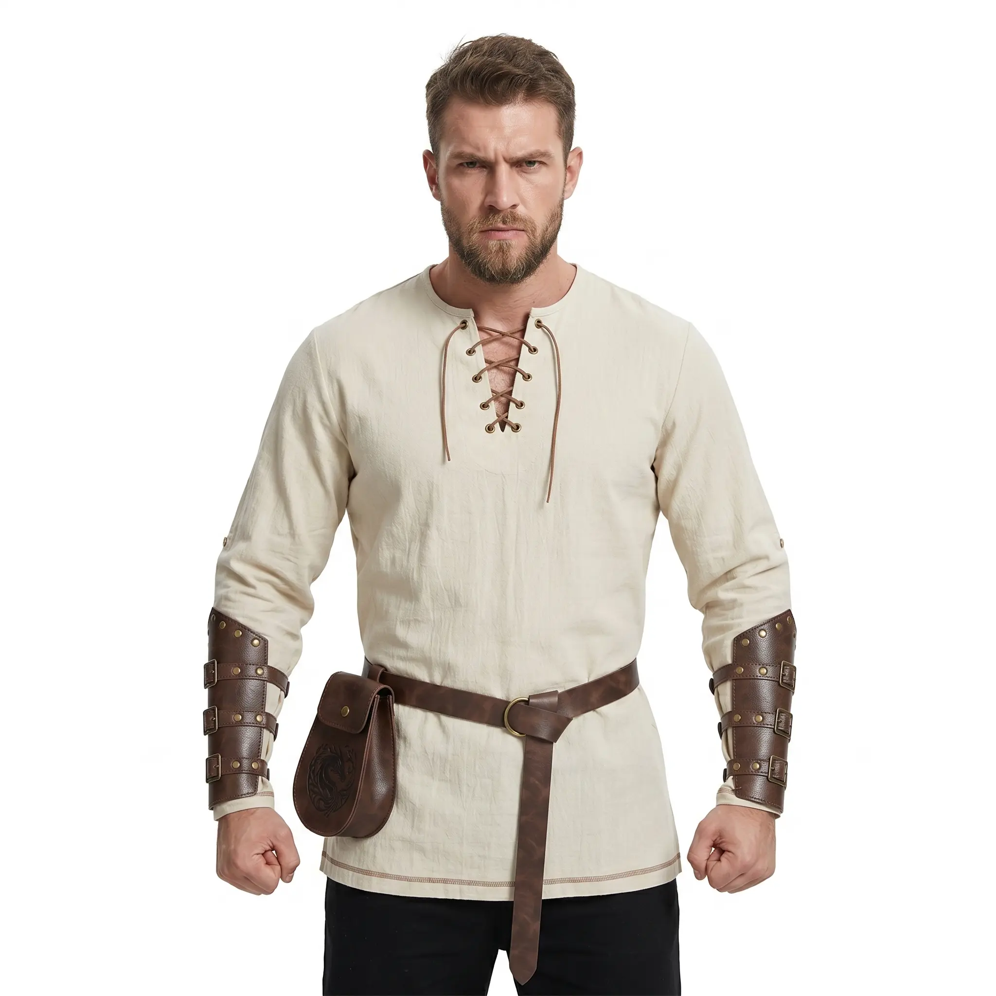 Men's Medieval Renaissance Viking Cosplay Costume Set - Cotton Plain Breathable Knight Shirt with PU Leather Bracers, Belt, Dragon Pattern Pouch, Straps for Halloween Party (Menswear Special Occasion Outfit)
