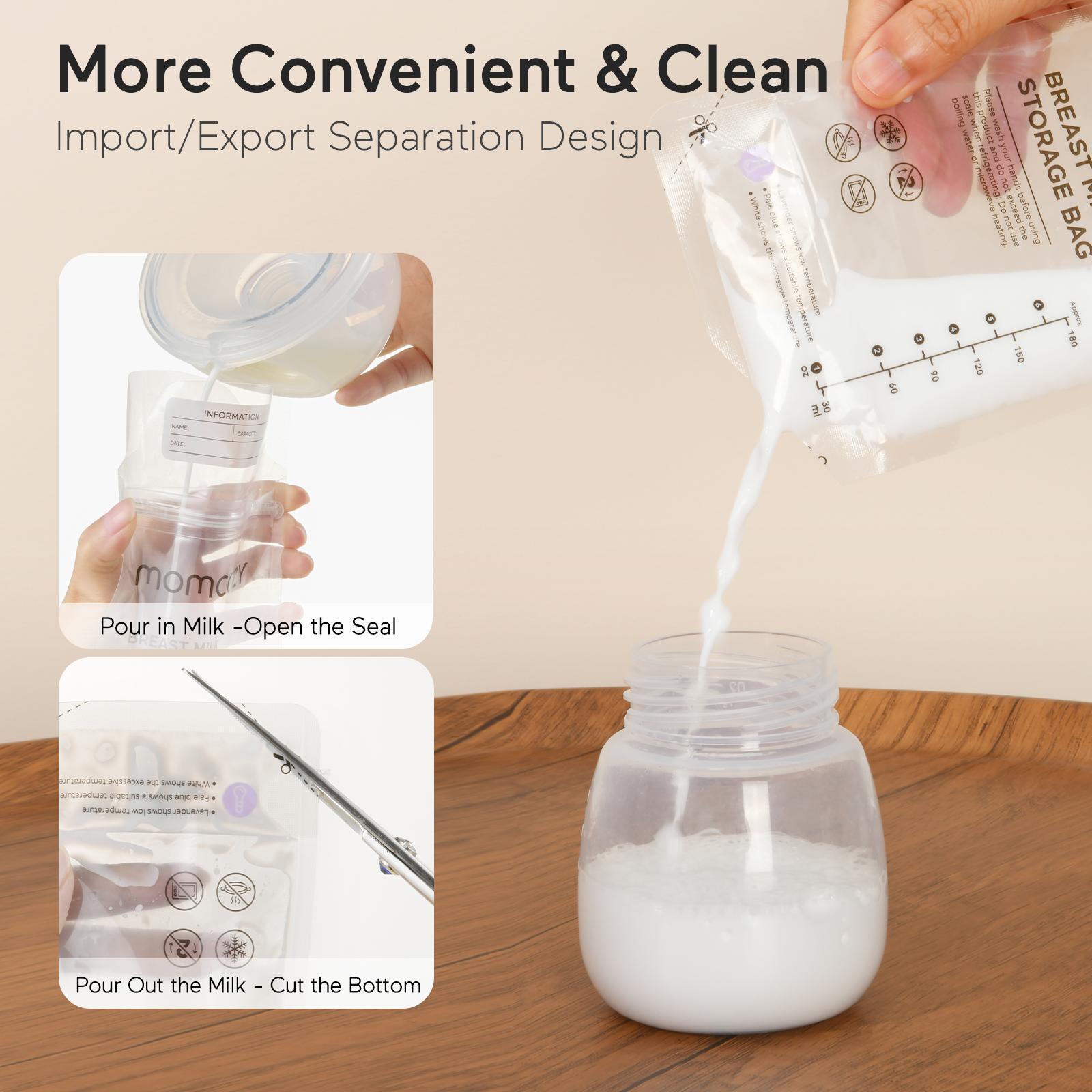 Momcozy Breastmilk Storing Bags, Temp-Sensing Discoloration Milk Storing Bags for Breastfeeding, Disposable Milk Storage Bag with 6 Ounce Self Standing, No-Leak Milk Freezer Storage Pouches,