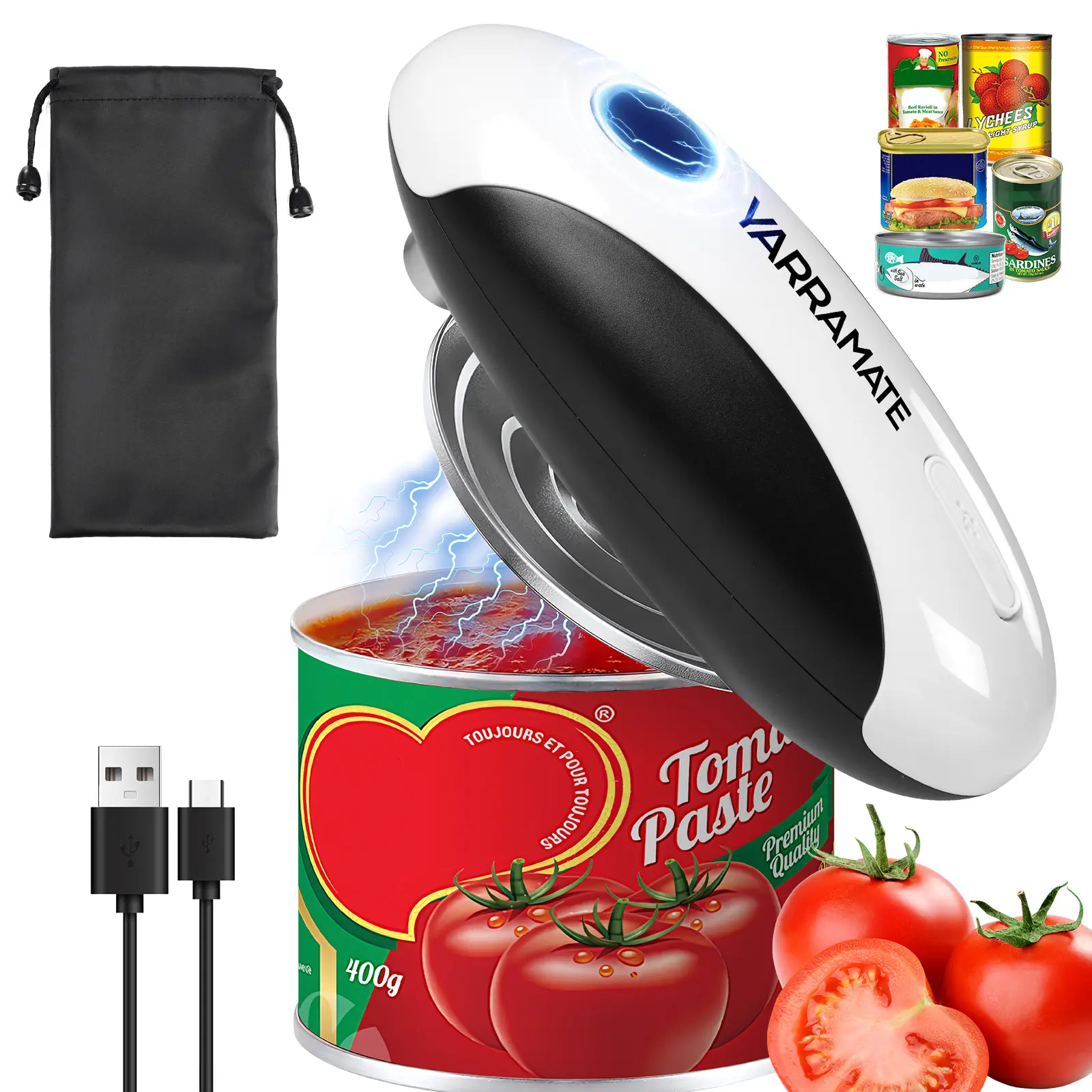 YARRAMATE USB-C Rechargeable Automatic Electric Can Opener - 1-Touch, Built-in Lid Remover, Smooth Edge, Hands-Free, Clean, Portable for Camping/Travel, With Storage Bag, Fits All Can Sizes, ABS, 159×64×64 mm, 320 g, 500 mAh Kitchen Utensil