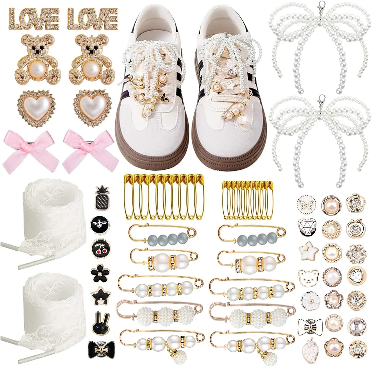72 Pcs Shoe Charms For Sneakers, Brooches And Pins For Women Bag Charms |   Gold Junk Socks Charms Kit, Pearl And Rhinestone Sock Charms With Safety Pins, Clothes Hats Shoes Scarf Shawl Diy Decor