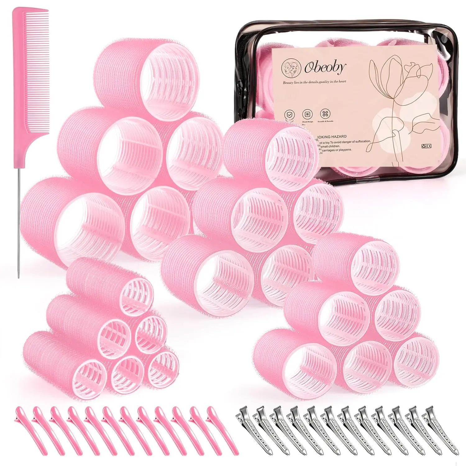 4 Sizes Self-Grip Hair Rollers Set for Long, Short Hair and Bangs - 50 Pcs with Clips (25mm, 36mm, 48mm, 60mm), Pink