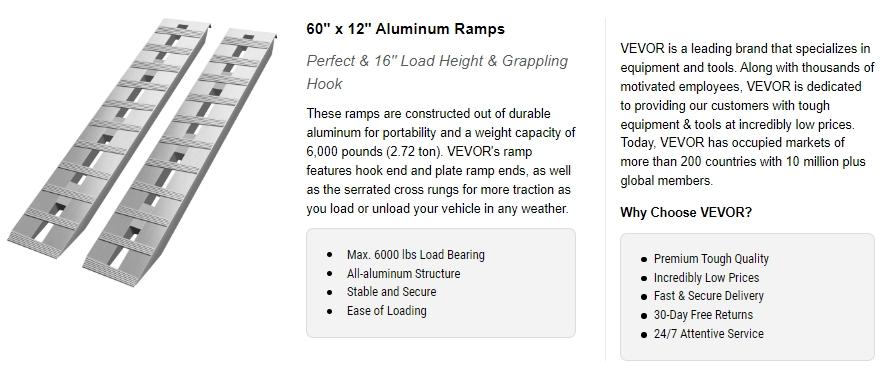 VEVOR 60\'\' X 12\'\' Aluminum Trailer Ramps 6000LBS/8000LBS Total Beavertail Hook End 1 Pair 2 Ramps VEVOR 60\'\' X 12\'\' Aluminum Trailer Ramps 6000LBS/8000LBS Total Beavertail Hook End 1 Pair 2 Ramps