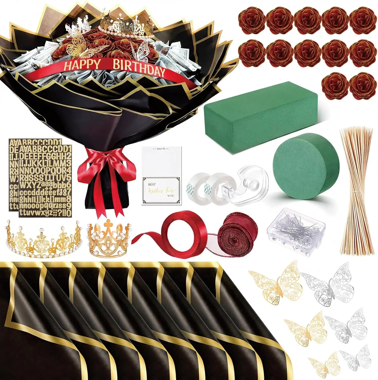 Sturdy Bamboo Money Bouquet Kit - 12 Glitter Roses, 20 Sheets Flower Wrapping Paper, Floral Foam Blocks, Stickers for DIY Gift Engagement Home Decorations (Red with Gold Trim), Adults