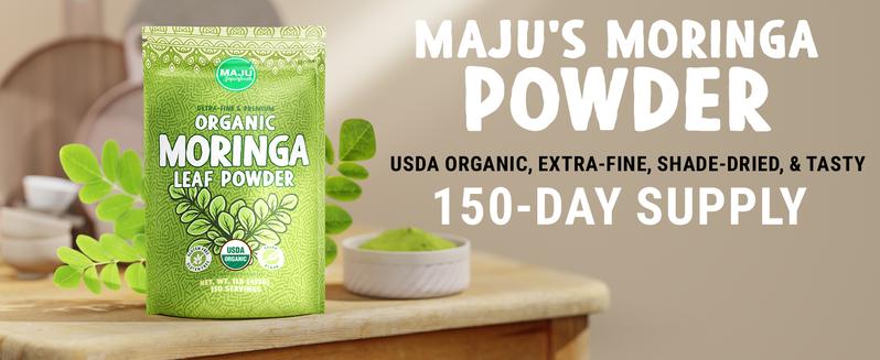 MAJU Organic Moringa Powder (1lb), Oleifera Leaf, Non-GMO and Raw, Shade Dried for Highest Nutrients, Add to Mixed Beverages Natural Superfood Nata