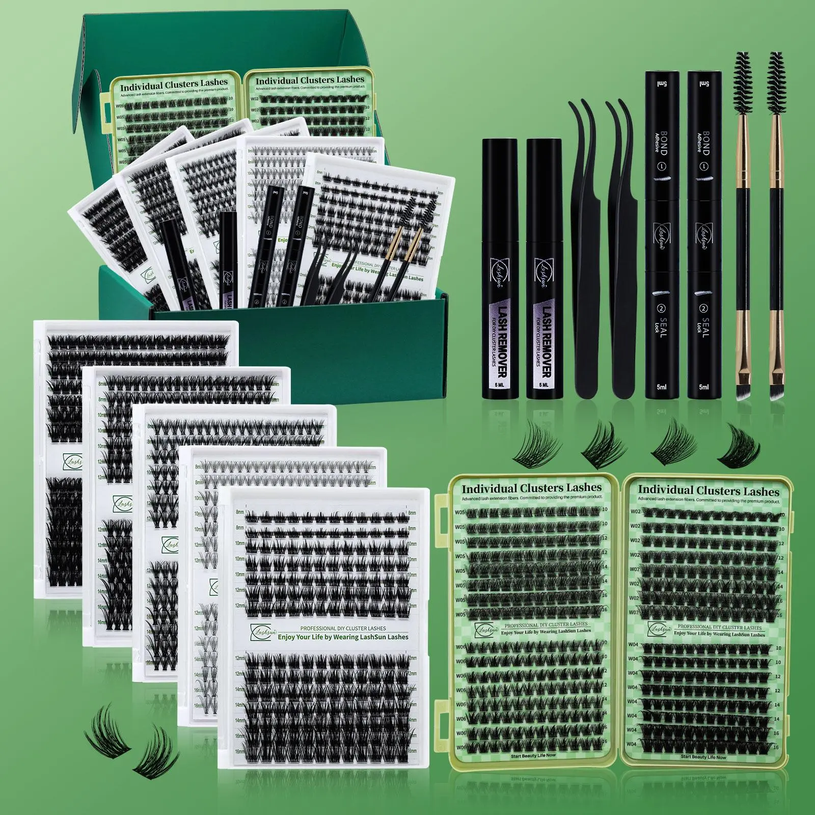 Eyelashes Extension Kit, 280-Piece False Lash Cluster Set with 2 Glues, 2 Removers, 2 Tweezers & 2 Brushes, Professional DIY Eyelash Clusters, Eye Makeup Tool, Eyelash Cluster Extensions, Eyelash Extension Supplies