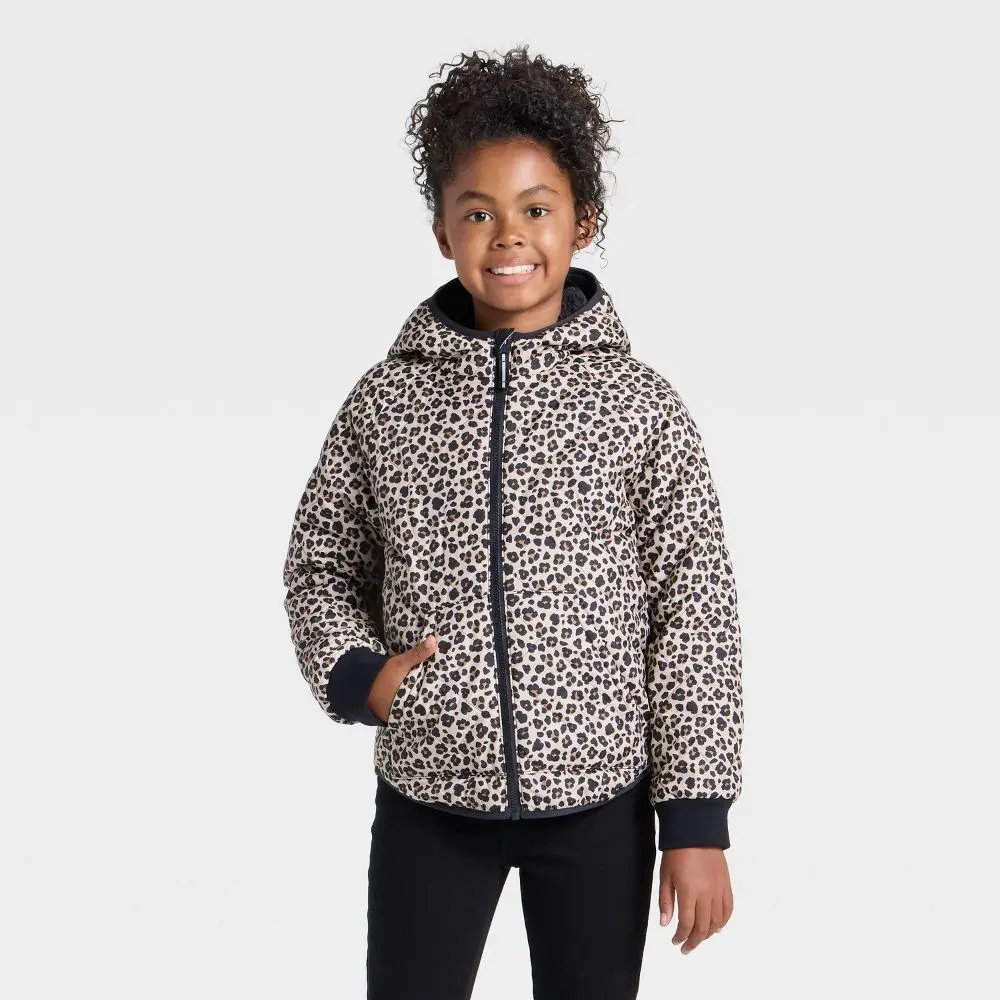 Cat & Jack Girls' Leopard Animal Print Hooded Reversible Puffer Coat, Girls Clothes, Kid Size Girls' Jackets, Casual Fit, Front Zipper with Zipper Garage