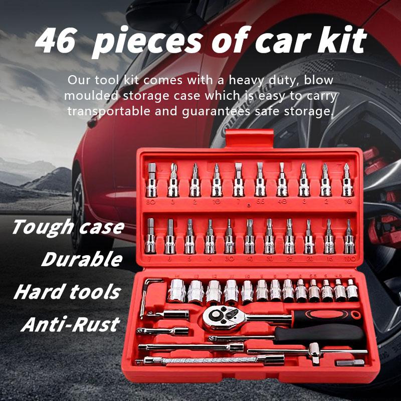 46Pcs Tool Set, Car Repair Machinery Tools, Household Machinery Tools, Car and Bicycle Repair Tools, 1/2 * 1/4 "3/8" Drive Depth and Standard Socket, Ratchet Torque Wrench Screwdriver Socket Combination Tool,Gift for Dad