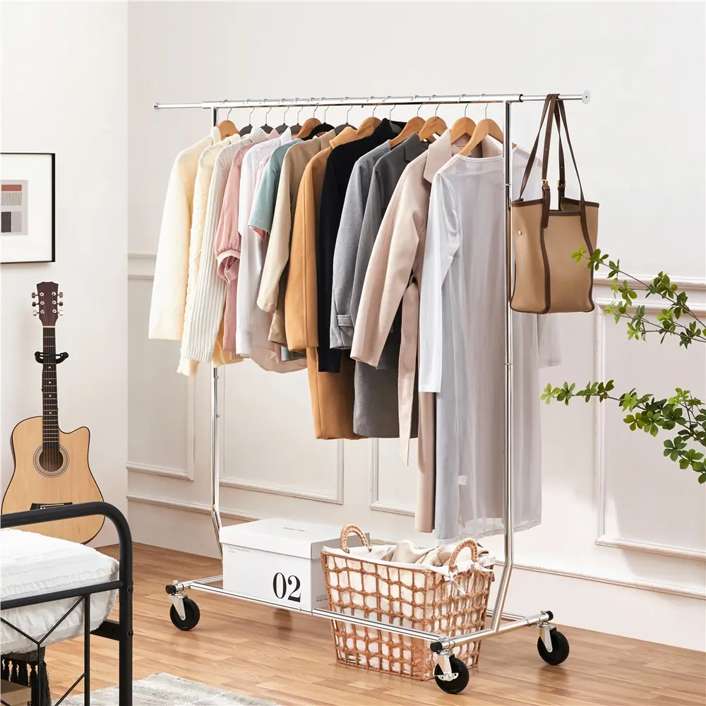 Yaheetech Adjustable Clothes Hanging Rack - Durable Sturdy Single Rail Rust-Resistant Plastic Wardrobe Organizer, Portable Freestanding with Lockable Swivel Wheels, Quick-Assembly Space-Saver for Bedroom, Shopping Mall Use