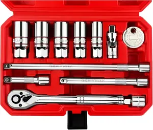 12Pcs Spark Plug Socket Set, 3/8" Drive Ratchet Handle with Mirror Polished Sockets, Spark Plug Gapper, Universal Joint and Extension Bar, Spark Plug Removal Tool with Rubber Retaining Ring