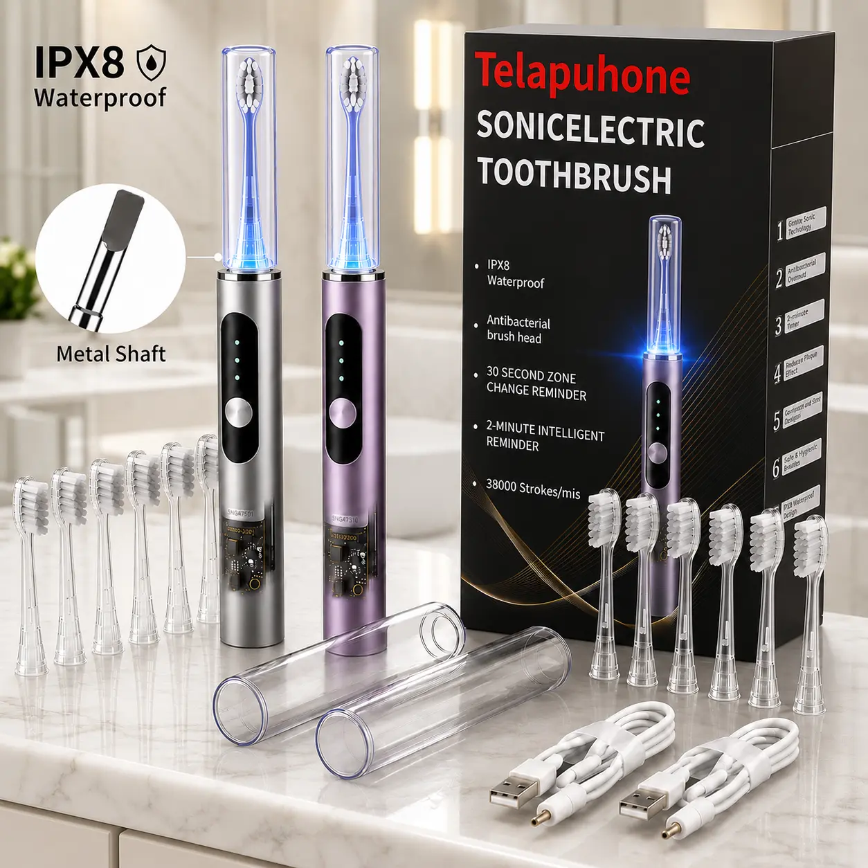 Sonic Electric Toothbrush with 6 Brush Head, 6 Cleaning Modes,IPX8 Waterproof Rechargeable Electric Toothbrush with Brush Head Cover, Smart Timer, Daily Oral Care Gift