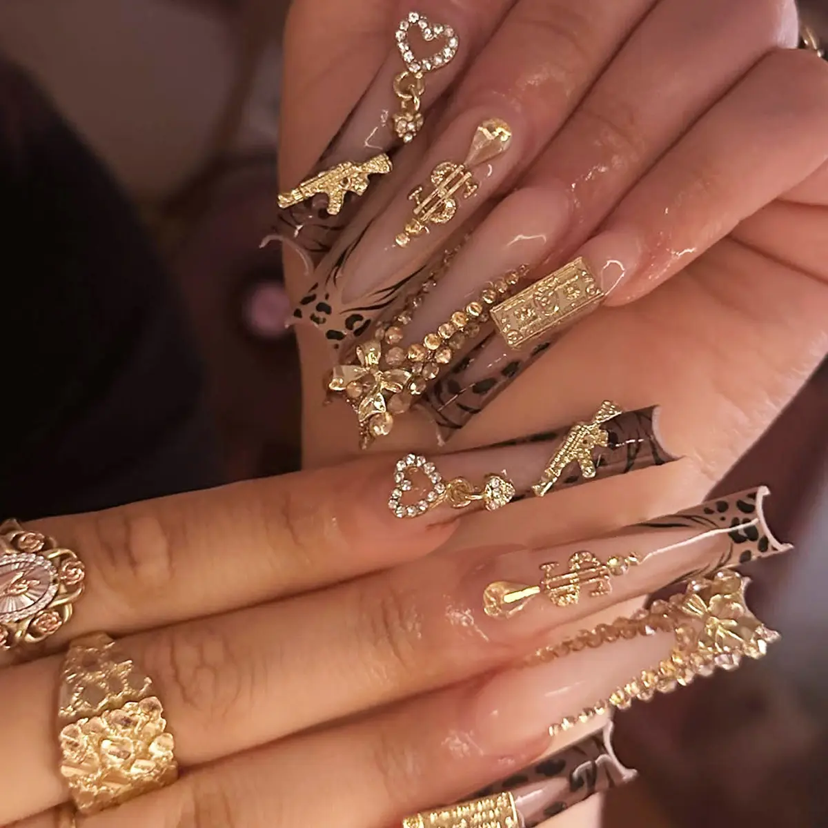 Wearable Nails - Water Pipe Shape Nails Heavy Work Butterfly Gold-Plated Diamond-Embedded Leopard Print Long Fake Nails Beauty Nails Long Nail Design Bling Rhinestone Decoration Glittering Fake Nails Artificial Nails