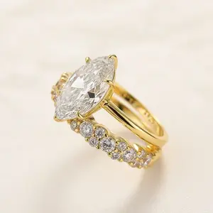 18K Gold Plated S925 Classic 3.0CT Marquise Cut Engagement Ring Set – Bridal Jewelry, 925 Sterling Silver Wedding Ring Set for Proposals,5A Cubic Zirconia Anniversaries & Birthdays