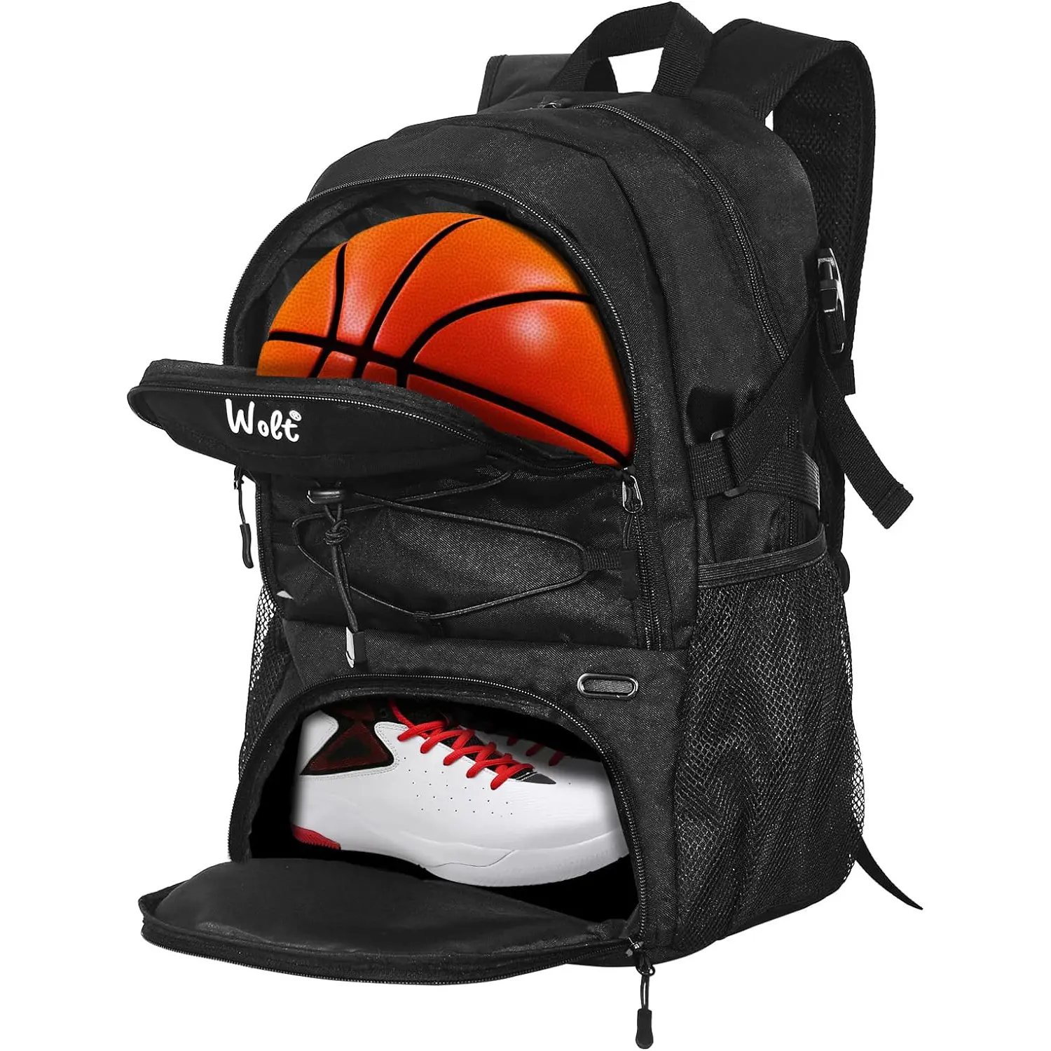 Wolt Adult Large Sportsball Gym Backpack - Tear-resist Waterproof Oxford Fabric, Contoured Shape, Padded Straps, Vent Hole Lets Shoes Breathe, Detachable Vented Shoe Compartment, Separate Secure Ball Holder, Extensible Cap Cord