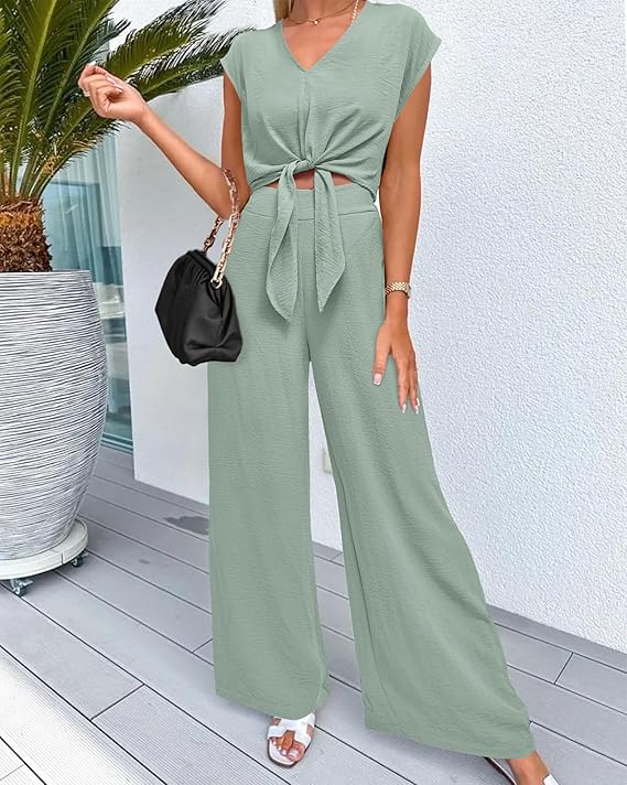 PRETTYGARDEN Women's Summer 2 Piece Outfits Cap Sleeve V Neck Belted Crop Tops Wide Leg Pant Sets Casual Tracksuit 100% Polyester Chiffon Texture - Womenswear