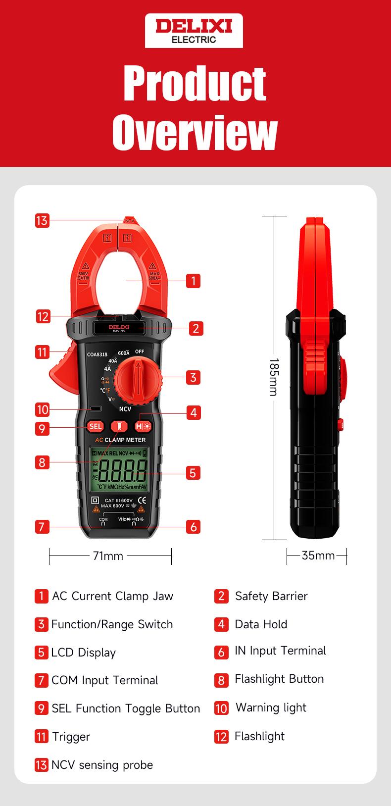 DELIXI Clamp Meter Multimeter 6000 Count Auto Amp Clamp Meter, True-RMS Voltmeter Voltage Tester, Auto Ranging AC/DC Voltage & AC Current, Non-Contact Voltage Testing, Temperature Continuity Resistance Diode Measurement with Storage Bag