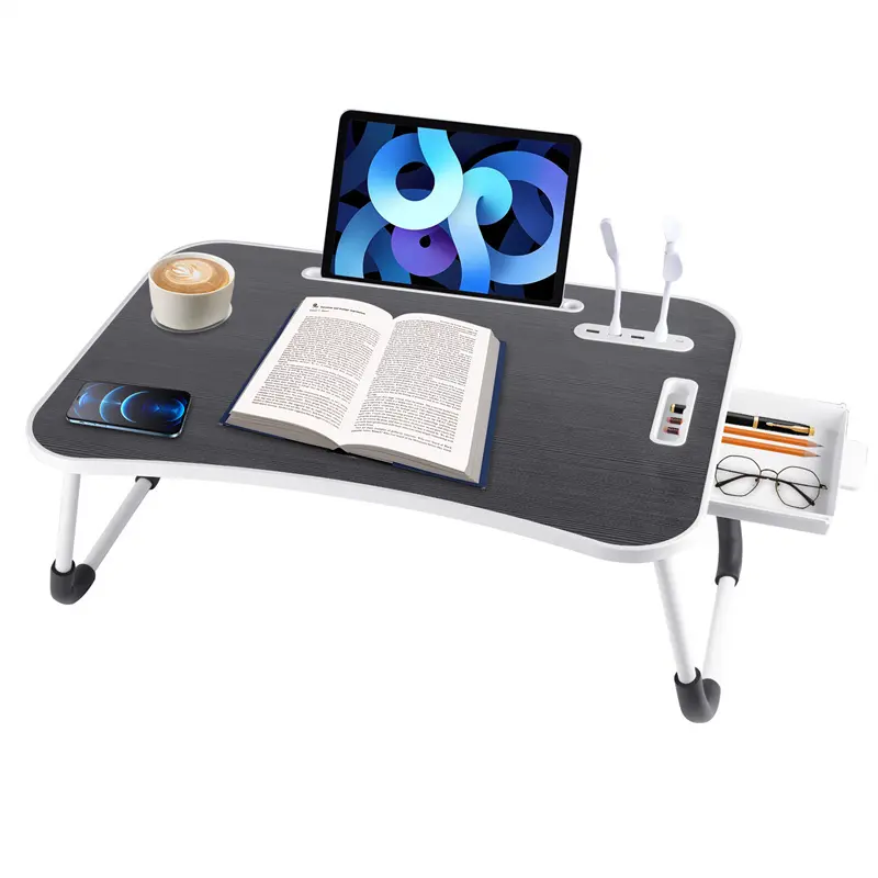 Foldable Laptop Lap Desk with 4 USB Ports, Storage Drawer & Cup Holder – Portable Notebook Stand Tray for Bed, Couch & Floor, Laptop Table for Home Office & Dorm