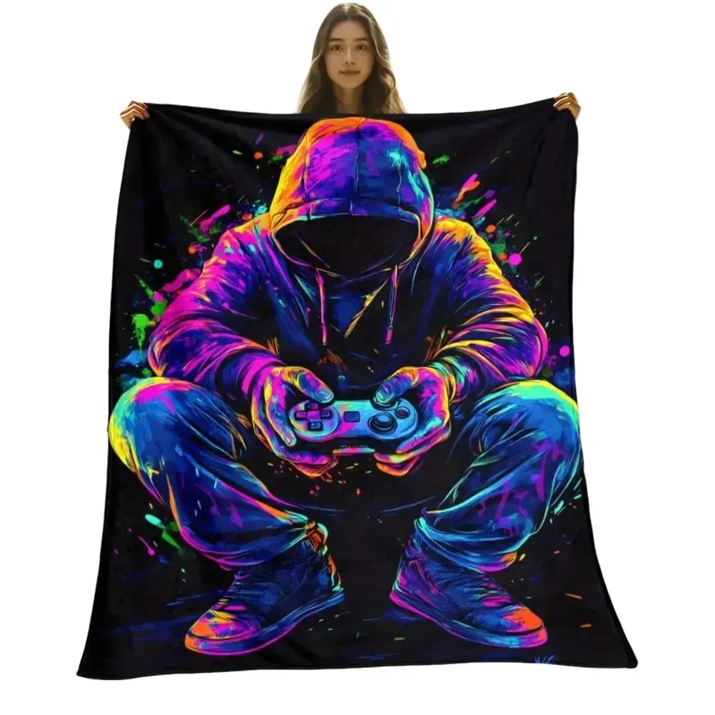 Hooded Gamer with Controller Blanket - Lightweight Flannel All-Season Soft Warm Throw for Sofa Bed Travel Camping Office gift Dream Weave Home - Vibrant Digital Print Machine Washable, Gamer Blanket