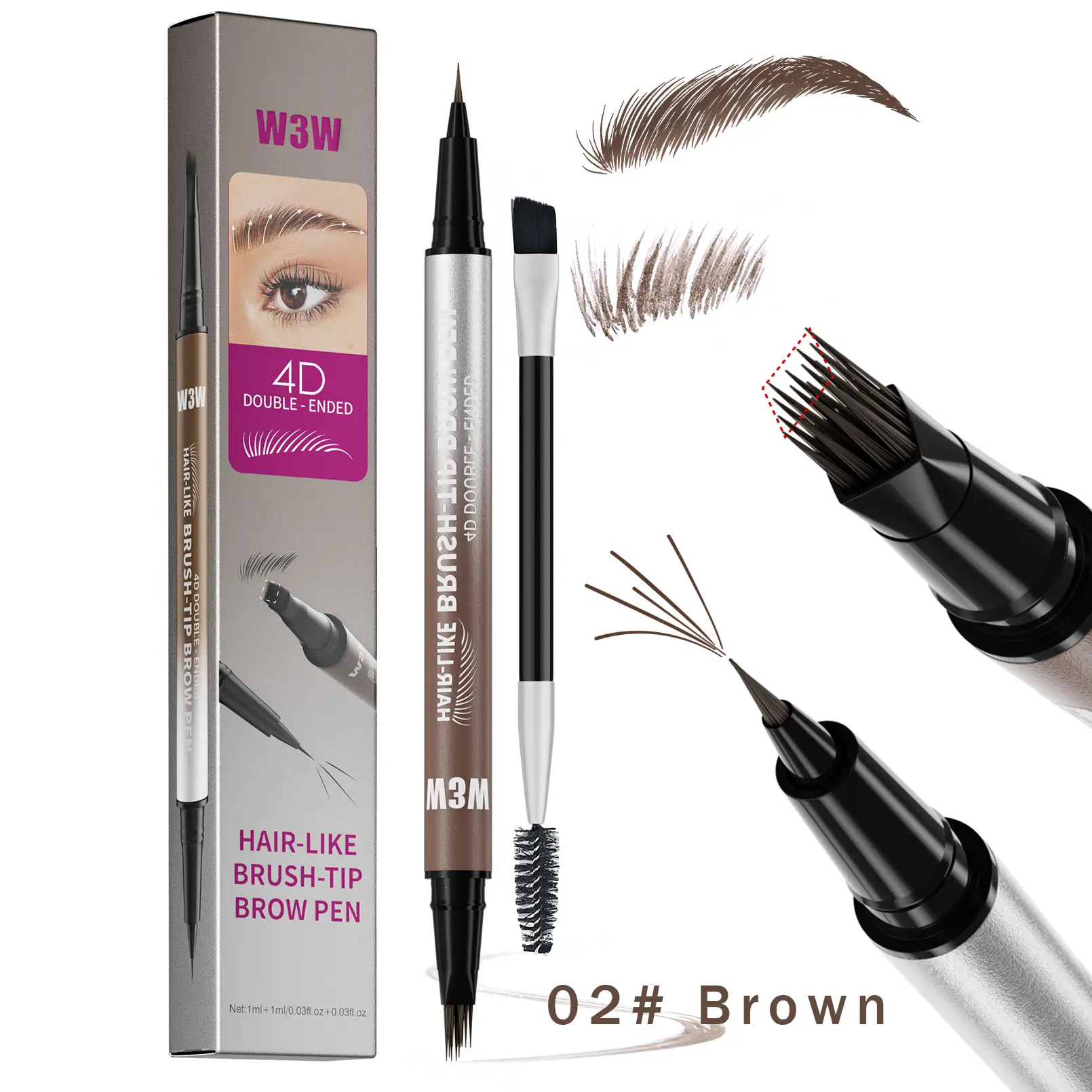 Original 4D Brush Tip Waterproof Microblading Eyebrow Pen, 2-in-1 Dual-Ended, Natural Hair-Like Strokes, Long-Lasting