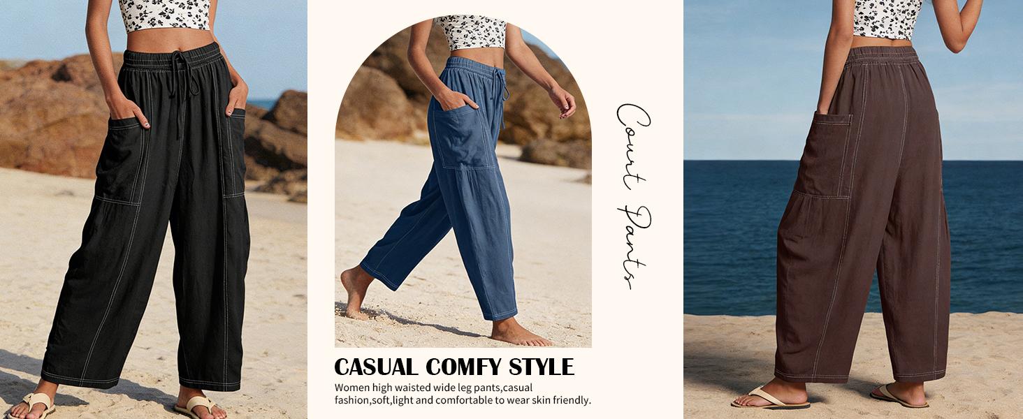UANEO Women's cotton Wide Leg Pants Oversize Casual Loose Fit Beach Palazzo Harem Pants with Pockets Vacation summer outfits  Womenswear