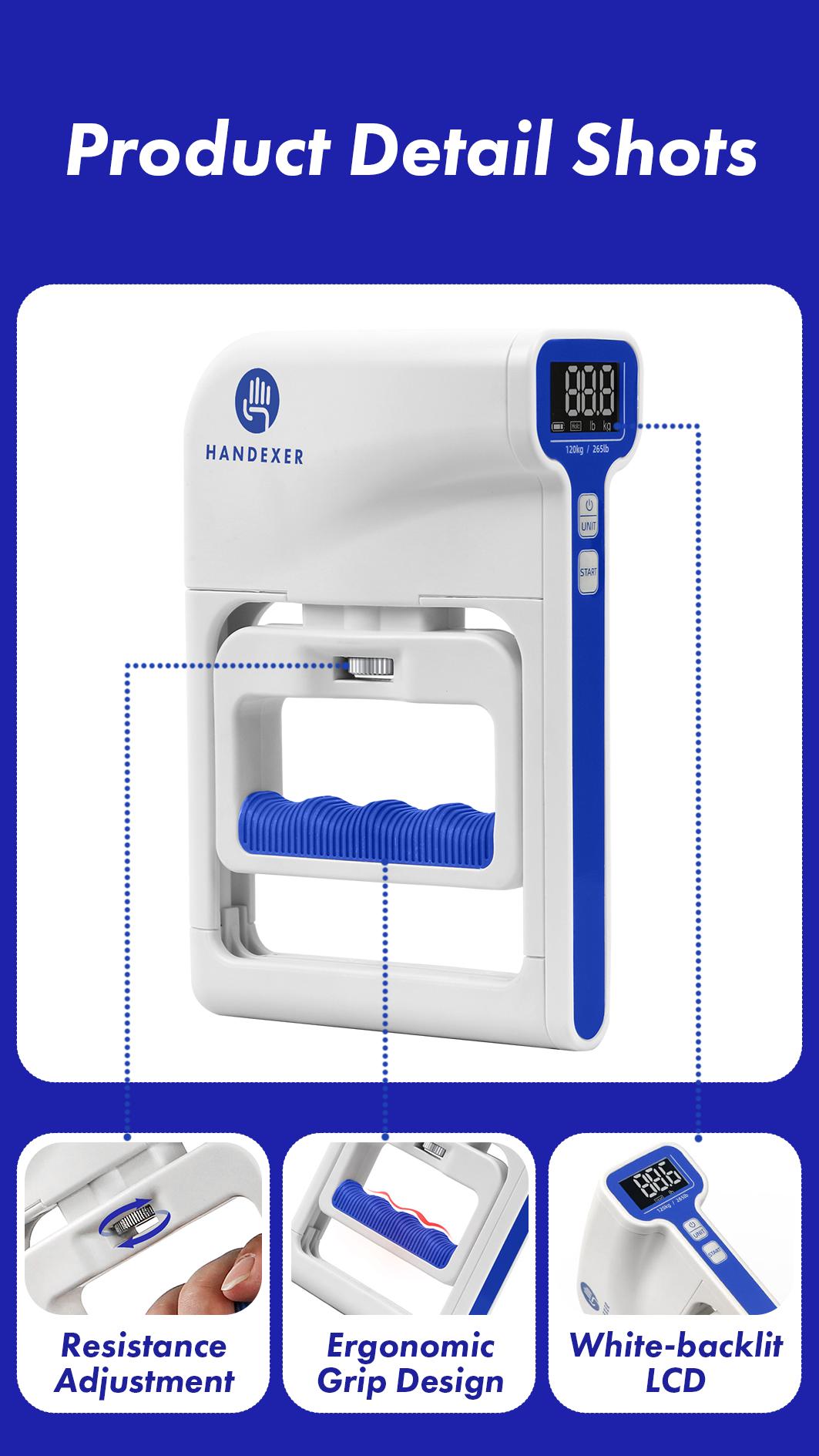 Handexer Digital Hand Dynamometer 265lb/120kg - Grip Strength Tester & Hand Grip Strengthener with LCD - Adjustable Hand Grip for Climbing, Rehab, Home Gym & TikTok Challenge