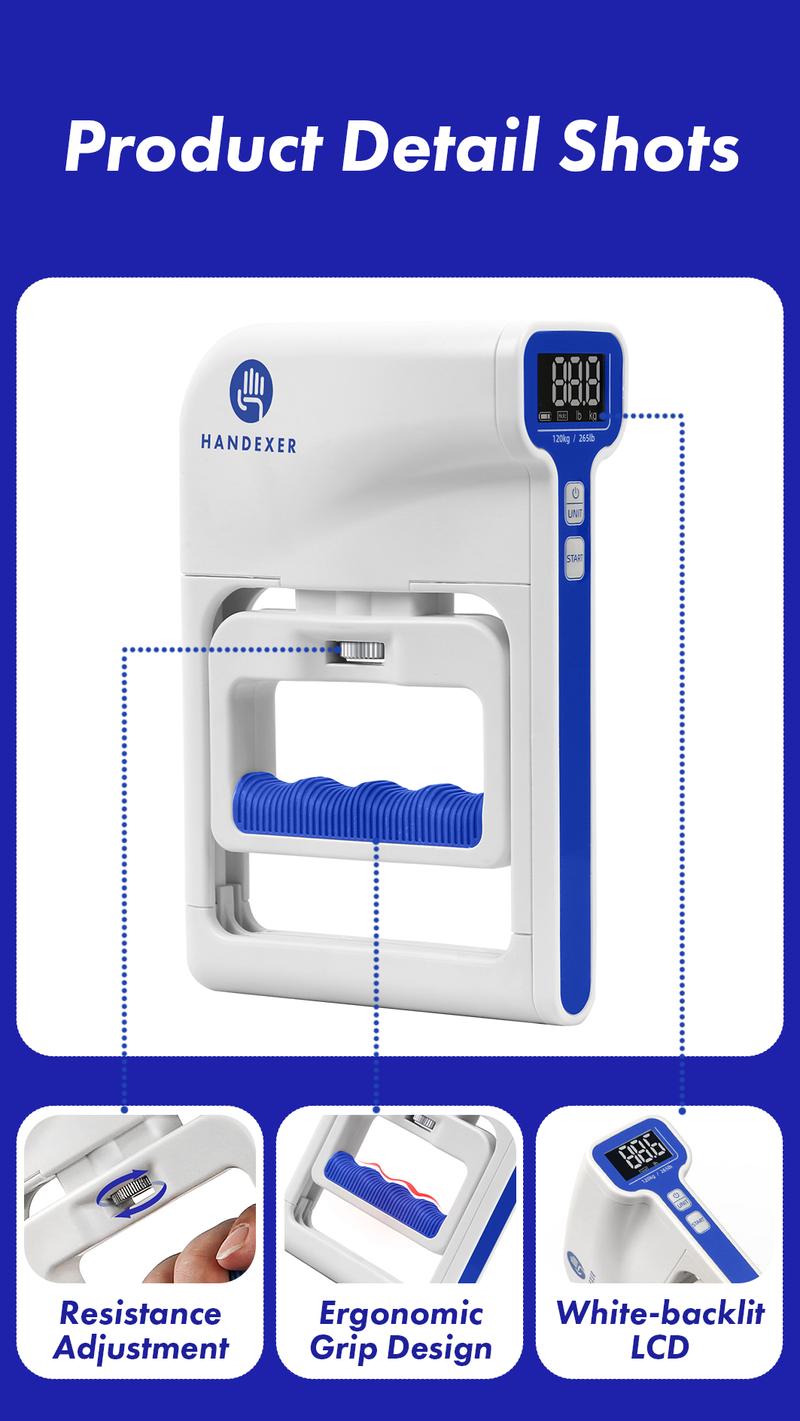 Handexer Digital Hand Dynamometer 265lb/120kg - Grip Strength Tester & Hand Grip Strengthener with LCD - Adjustable Hand Grip for Climbing, Rehab, Home Gym & TikTok Challenge
