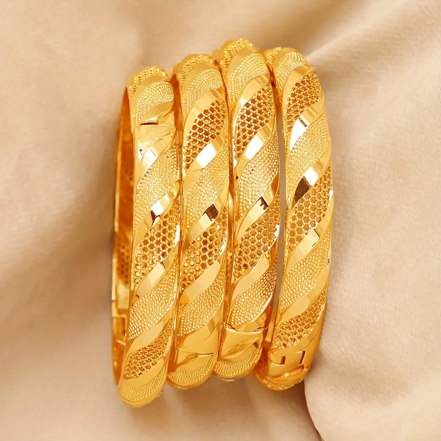 4pcs Middle East Dubai Style 24K Gold Plated Yellow Bracelet, Vietnam Imported Jewelry with Color Retention,Women Wedding Adjustable Promise Bracelet