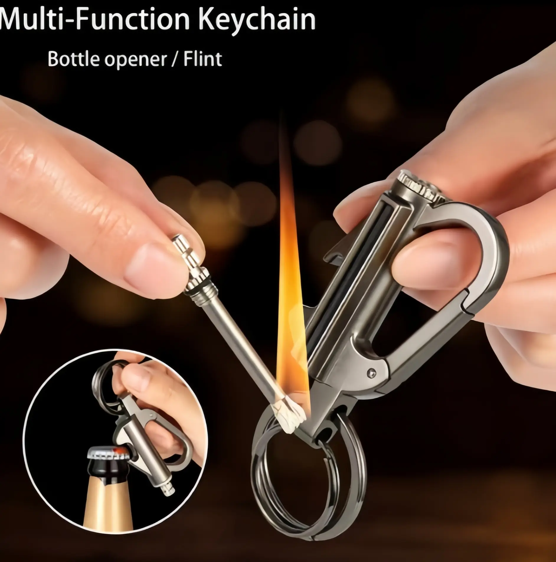 Zinc Reusable Utility Metal Bottle Opener Keychain with Permanent Match Lighter - Heavy Duty EDC Keychain, Practical Small Gift for Men, Camping & Hiking Gear, Keychains