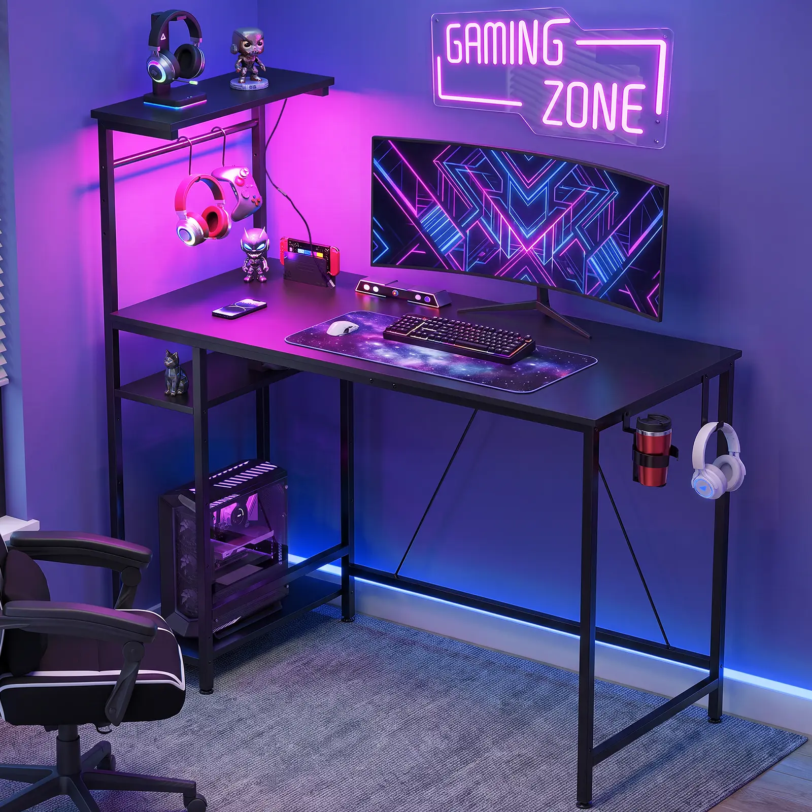 GTplayer Desk Gaming Desk with LED Light & Power Outlet, 43 Inch Computer Table with Shelf & Storage Bag & Hook for Home Office