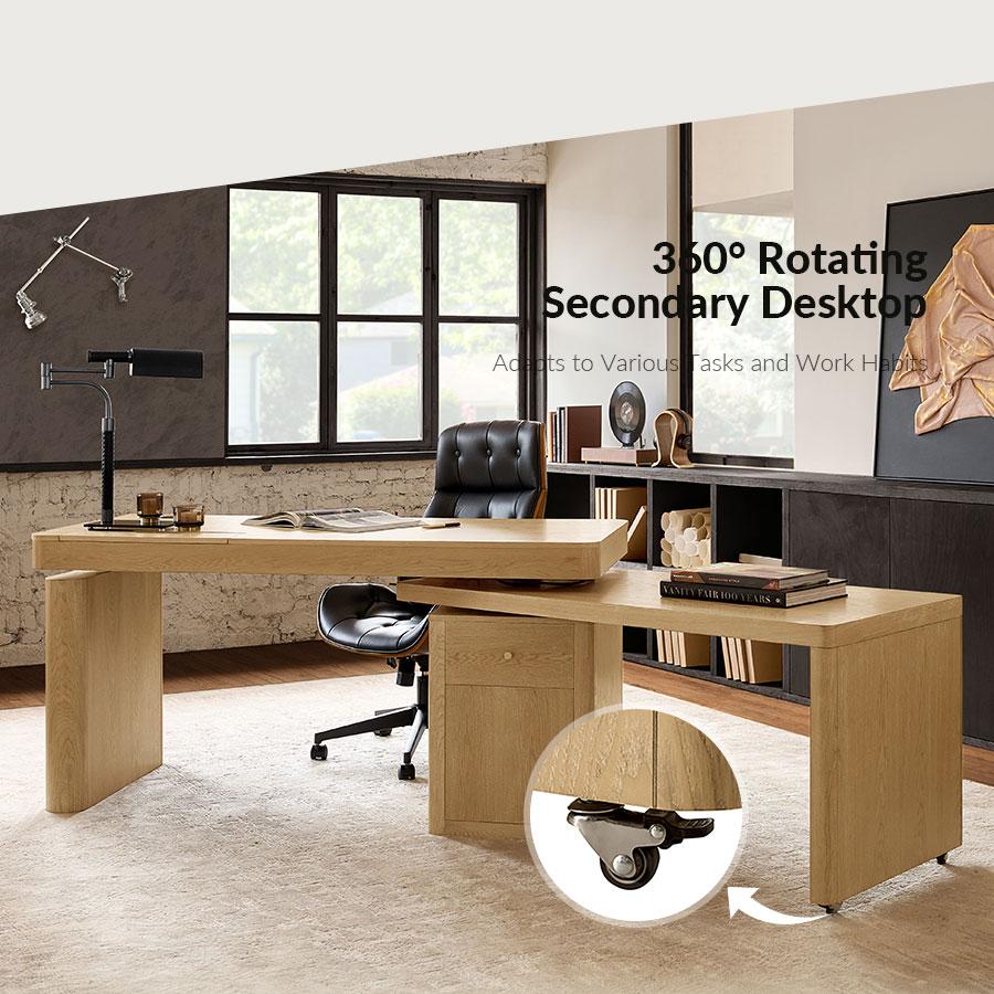 HULALA Veritas Home Office 360-Degree Rotating Desk with Flip-Top Lid Electric Height-Adjustable Design Side Cabinet Drawers Storage L Shaped Wood Finish Ergonomic
