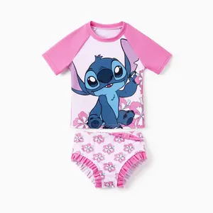 Disney Stitch Girls 2-Piece Swimsuit - Pink Hibiscus Print Rash Guard & Ruffle Bottom Set, Official Lilo & Stitch Swimwear for Toddlers & Little Girls, UPF 50+ Sun Protection