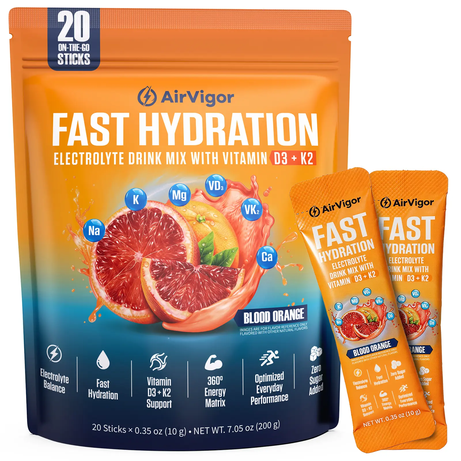 Electrolytes Powder with Vitamin D3 & K2, 0 Sugar Sports Hydration Drink Mix, Keto & Vegan, for Muscle Recovery & Bone Support, Blood Orange Flavor, 20 Stick Packs