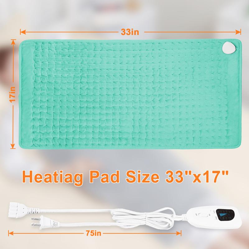 Light green Heating pad, 33  x 17 inches, 24  x 12 inches, with 6 temperature levels and 4 time settings, portable, heated back, neck, shoulders, and legs, machine washable, perfect holiday gift for men and women, Christmas gift