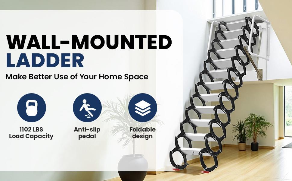 10FT Pull Down Attic Stairs, 12 Step Aluminum-Magnesium Alloy Loft Wall Mounted Stairs, Telescopic Fold Ladder for 27.5 x 23.6 Inch, Up to 880 lbs (Black+White)