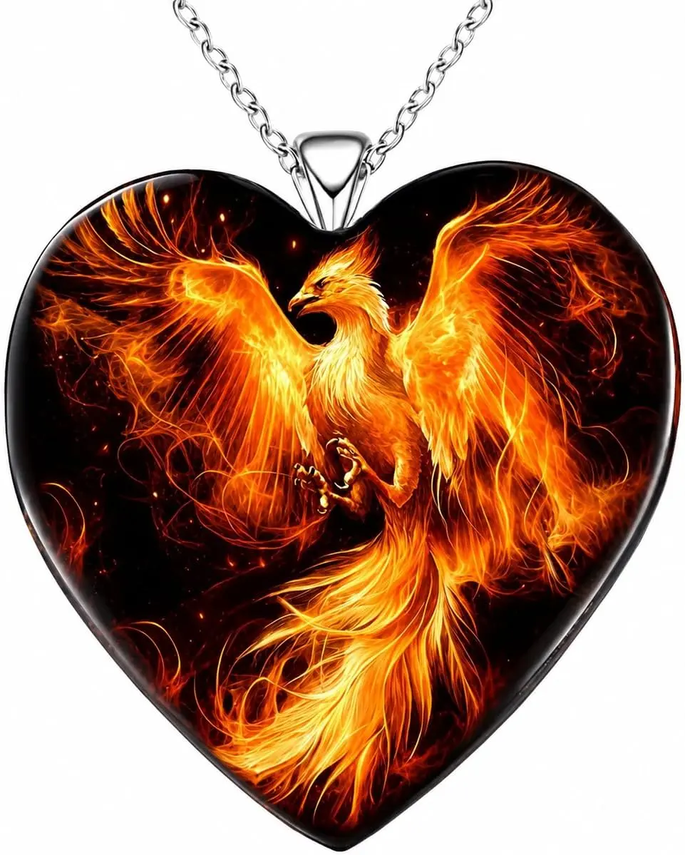 Unisex SUPAC Phoenix Heart Pendant Necklace - Glass, Stainless Steel Phoenix Rising Chain Jewelry, Ideal for Birthday Gifting, Christmas, Bold Daily Wear, Birthday Gift Ideas, Meaningful Gifts, Bold Look
