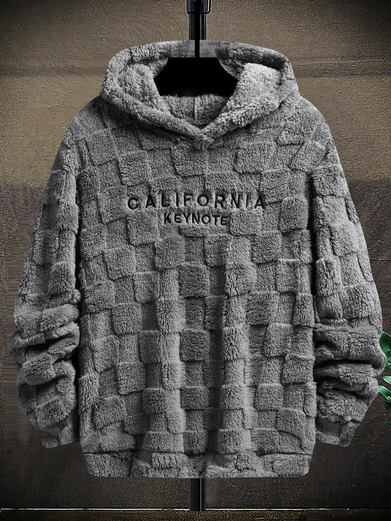 Men's Baggy Hoodie, Long Sleeve Drop Shoulder Pullover Top with California Embroidery and Cozy Fuzzy Lining, Tops, Casual, Sweatshirts, Relaxed Fit, Halloween, Thanksgiving, Textured, New Year, Stretch, Fabric, Drop Shoulder Crewneck, Valentines Day, East