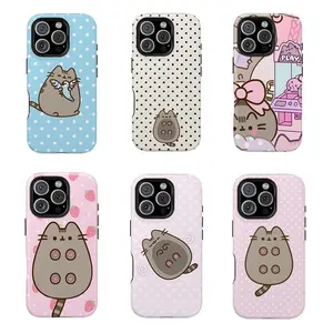 Cartoon Pusheen Cat Shockproof Tough Phone Case, Cute Kawaii Kitten Protective Cover, Heavy Duty Dual Layer Design for iPhone 11 12 13 14 15 16 17 Pro Max Plus